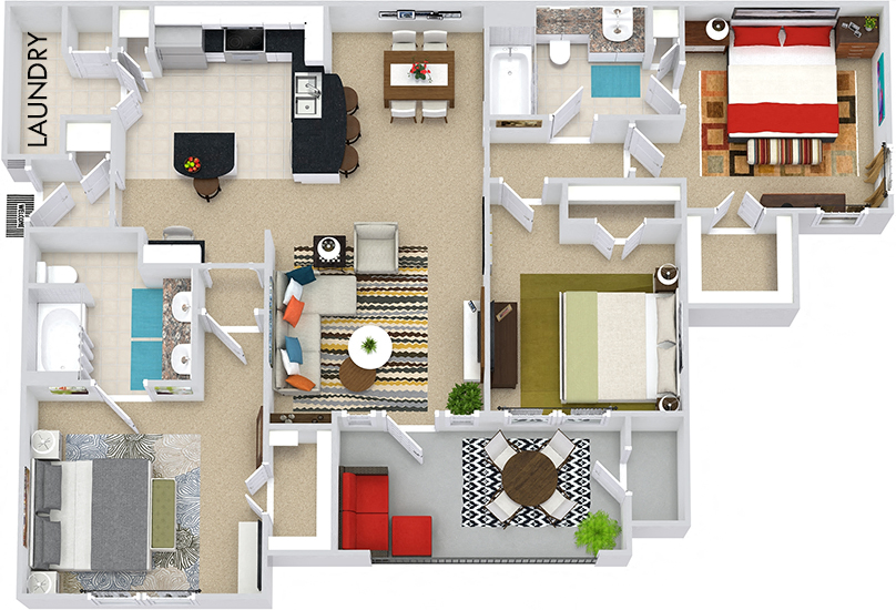Floor plan for 3 beds, 2 baths, 1297 sqft